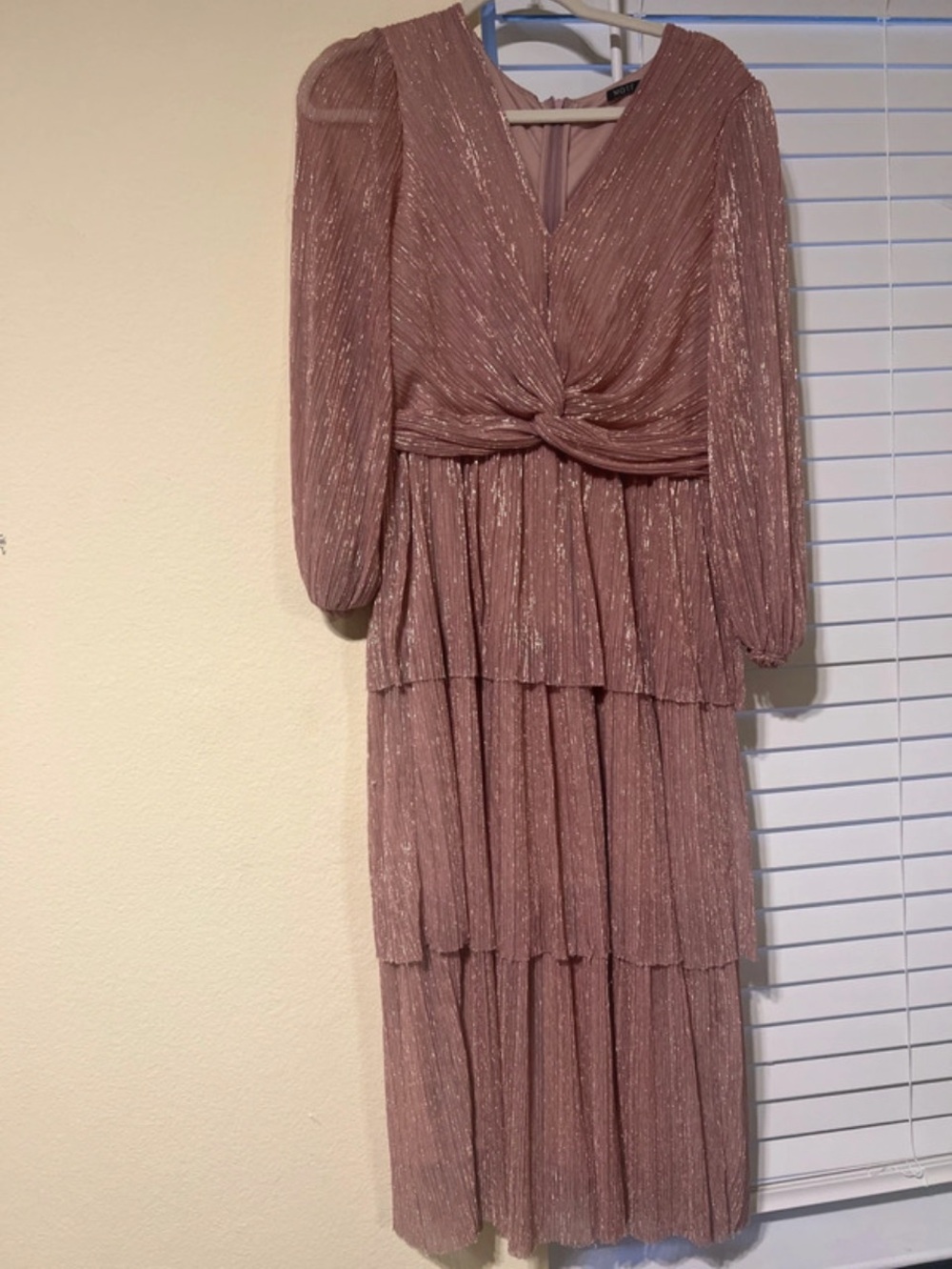 MOTF Mauve Metallic Tiered Long-Sleeve Midi Dress